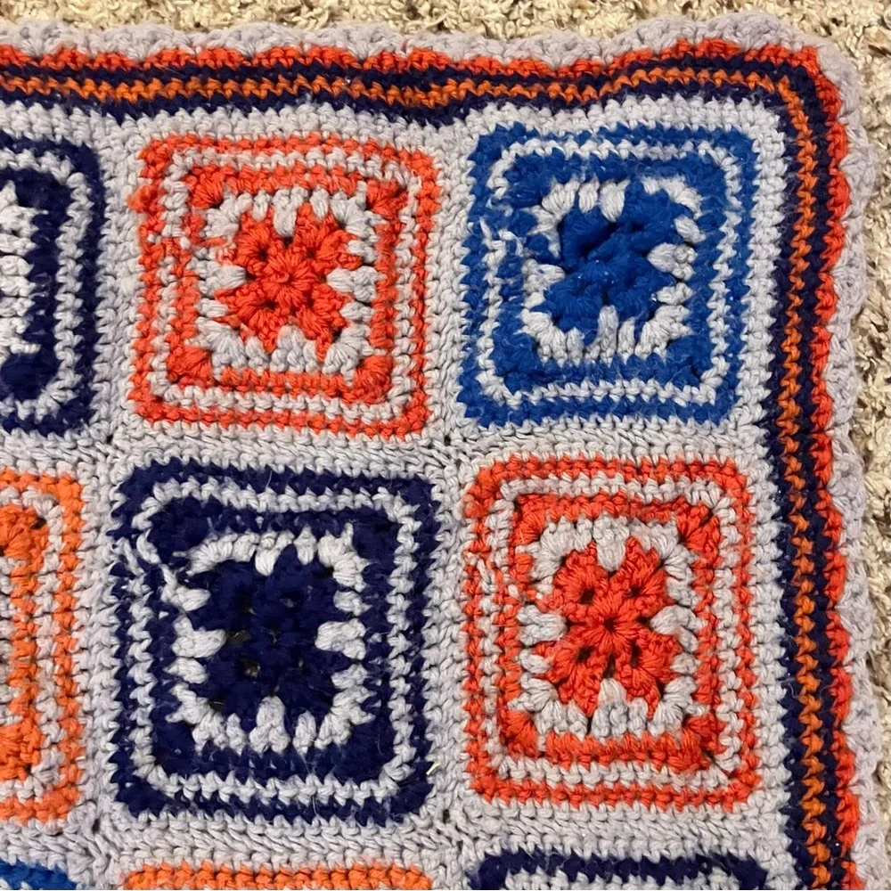 Vintage‎ Handmade Crochet Granny Square Afghan Blanket Orange Grey Blue 55x65